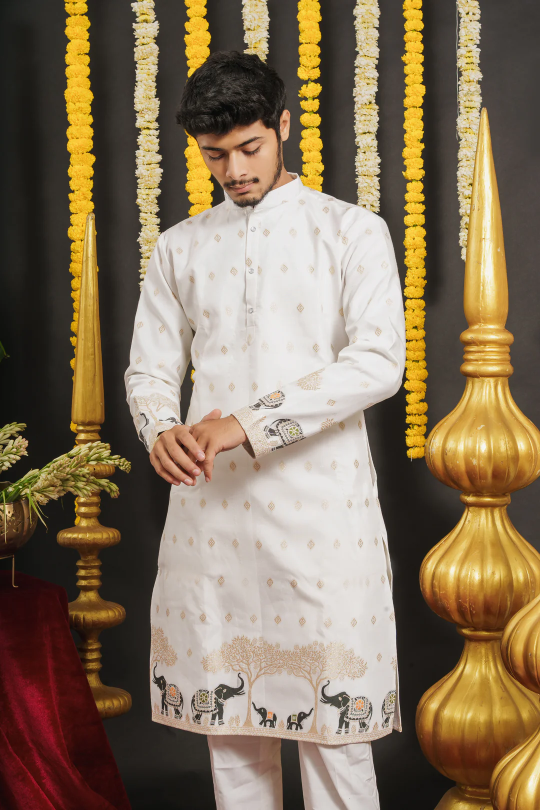 WHITE ELEPHANT PATTERN JACQUARD DESIGNER KURTA